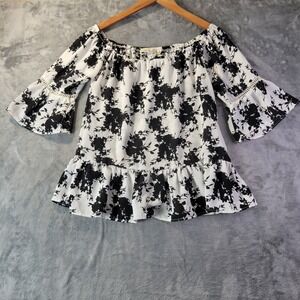 Liberty Love Womens M Black White Floral OffShoulder Ruffle Hem Peasant Top